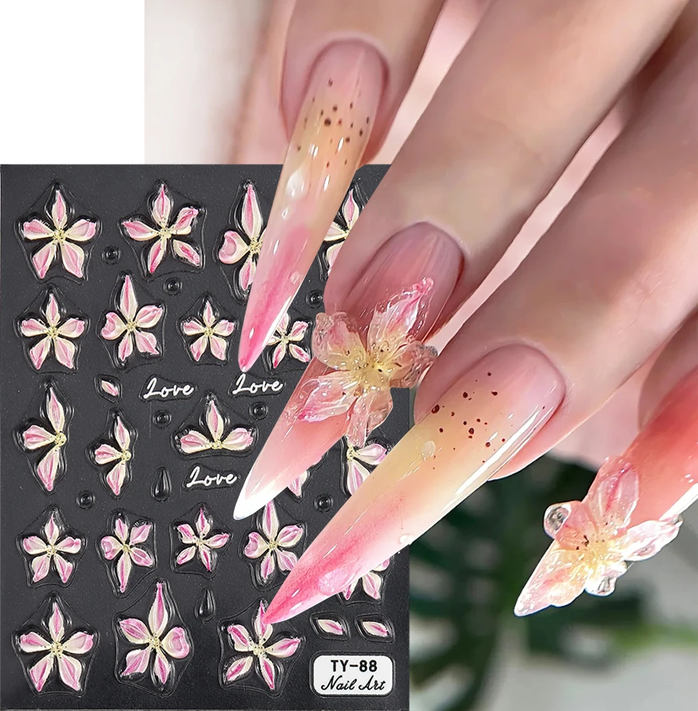 5D Lily Flores Prego Adesivos, Gradiente, Rosa, Amarelo, Decalques de Alívio, Pedrinhas Pétalas, Arte Sliders, Encantos Manicure Decors, LETTY63