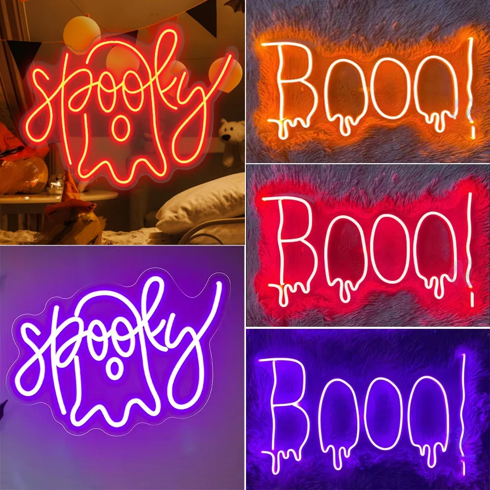 Boo! Halloween Neon Sign For Halloween Party Decoration Dimmable LED Light Up Sign For   Home Bar Living Room Neon Sign USB