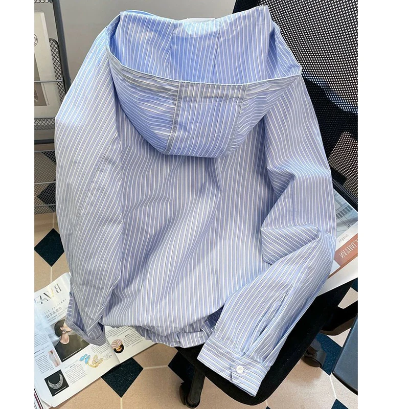 Men Designer Vertical Striped Hood Shirt Oversized Loose Spring Autumn Drawstring Hood Casual Half Button Pocket Outerwear