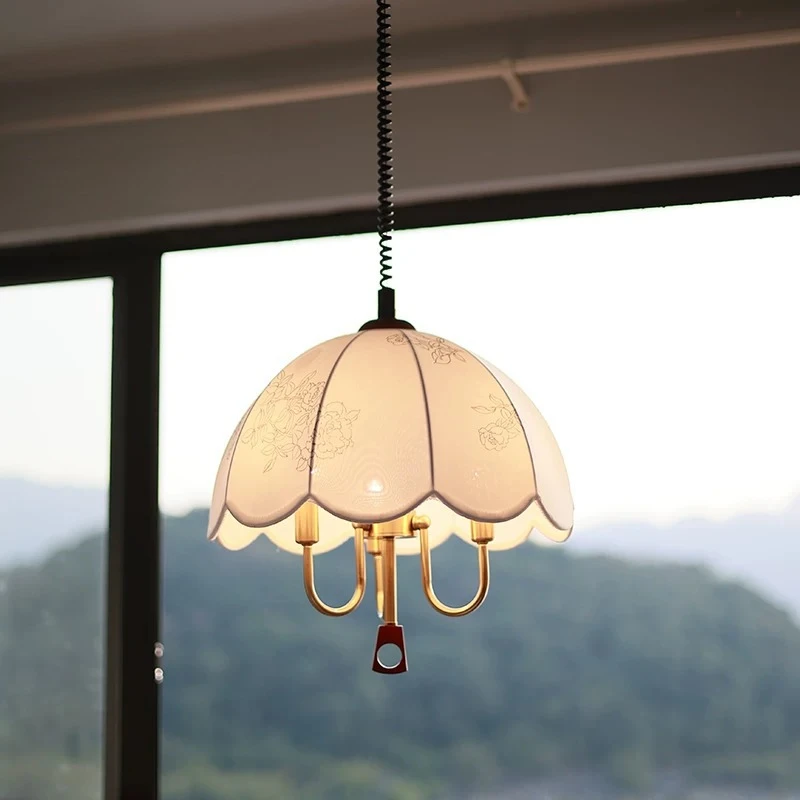 French Retro Cloth Pattern Bedroom Pendant Lights Living Dining Room Decor E27 Chandeliers Study Adjustable Scaling Hanging Lamp