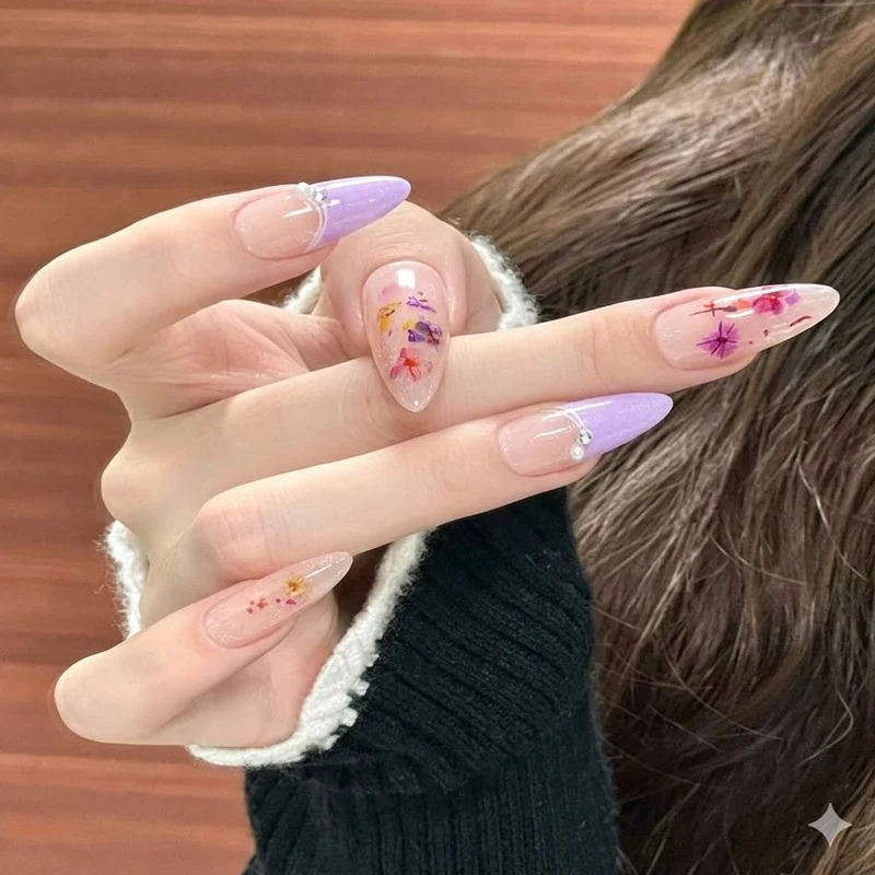 10Pcs French Long Almond Cats Eye Press On Nails Featuring A Delicate and Fresh Floral Theme Perfect for Nail Art False Nails