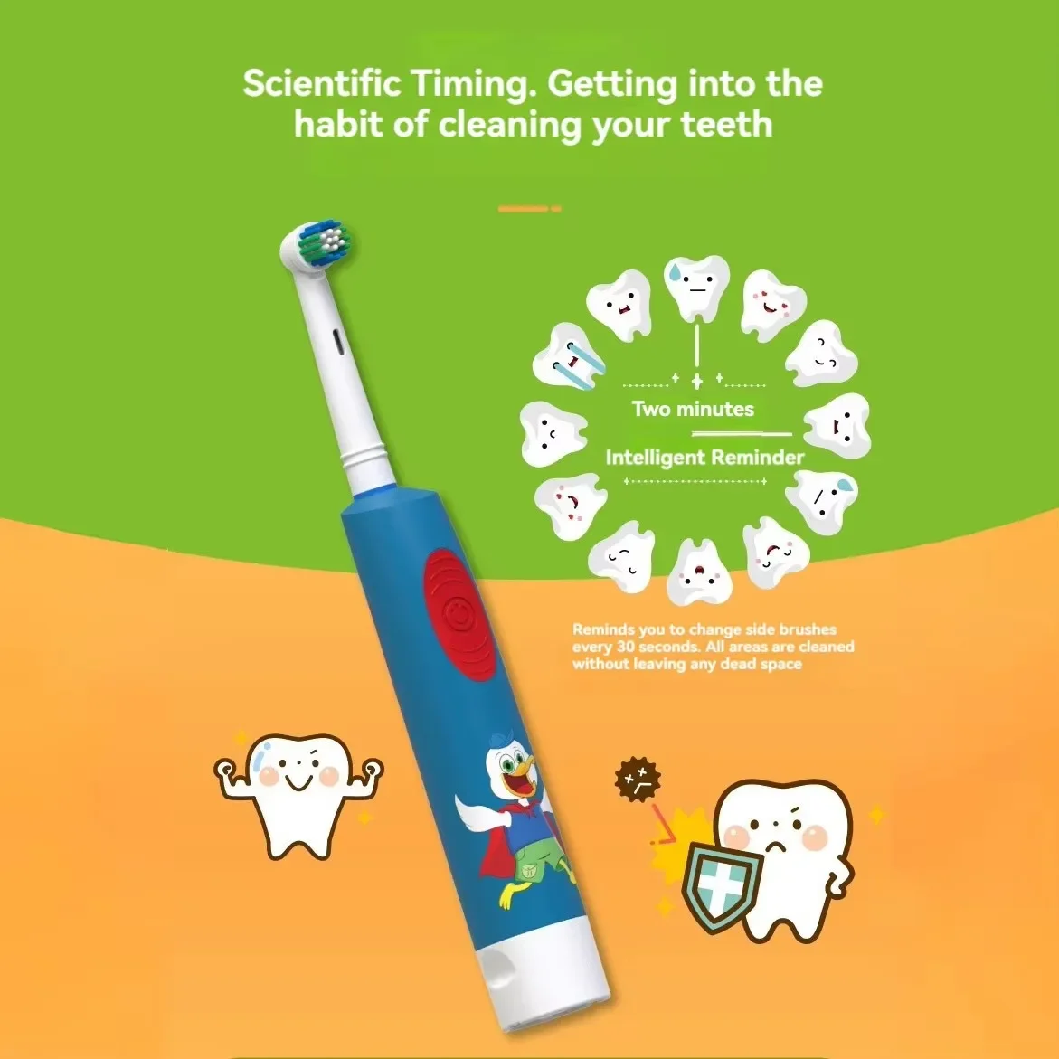 Children's Electric Toothbrush Soft Bristle Cartoon Vibrating Heads Gum Care Battery Powered 3-15 Years Old