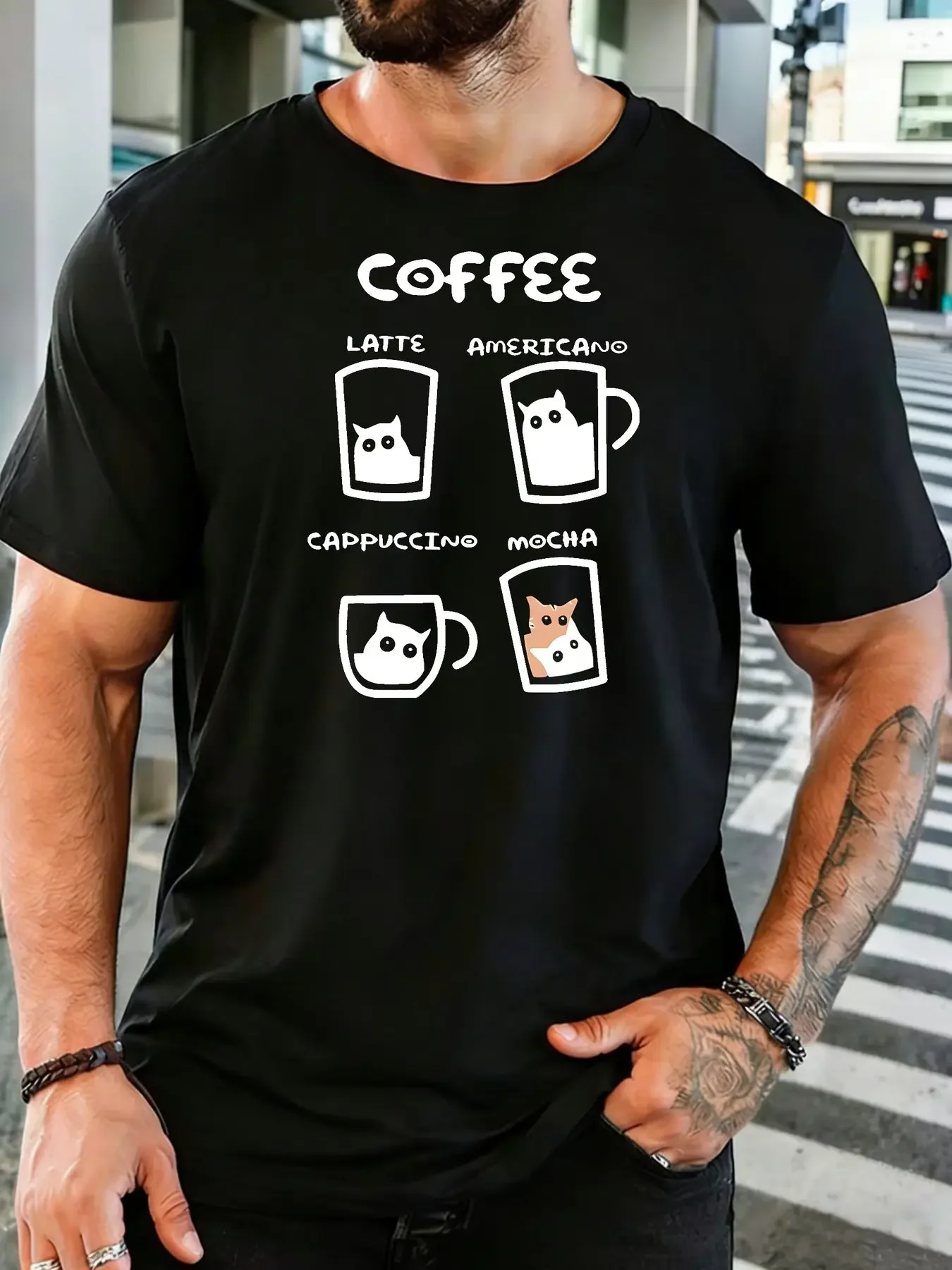 Coffee Cat Four Coffee Cup Styles Graphic Mens Crew Neck Short Sleeve Cotton T Shirt Coffee Lover Pet Cartoon Male Casual Tee
