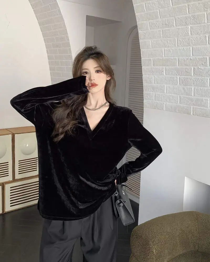 

Long Sleeved T Shirt Woman Cotton Womens Spring Summer Lightweight Breathable Slimming Academic Style Drape Drawstring Tees