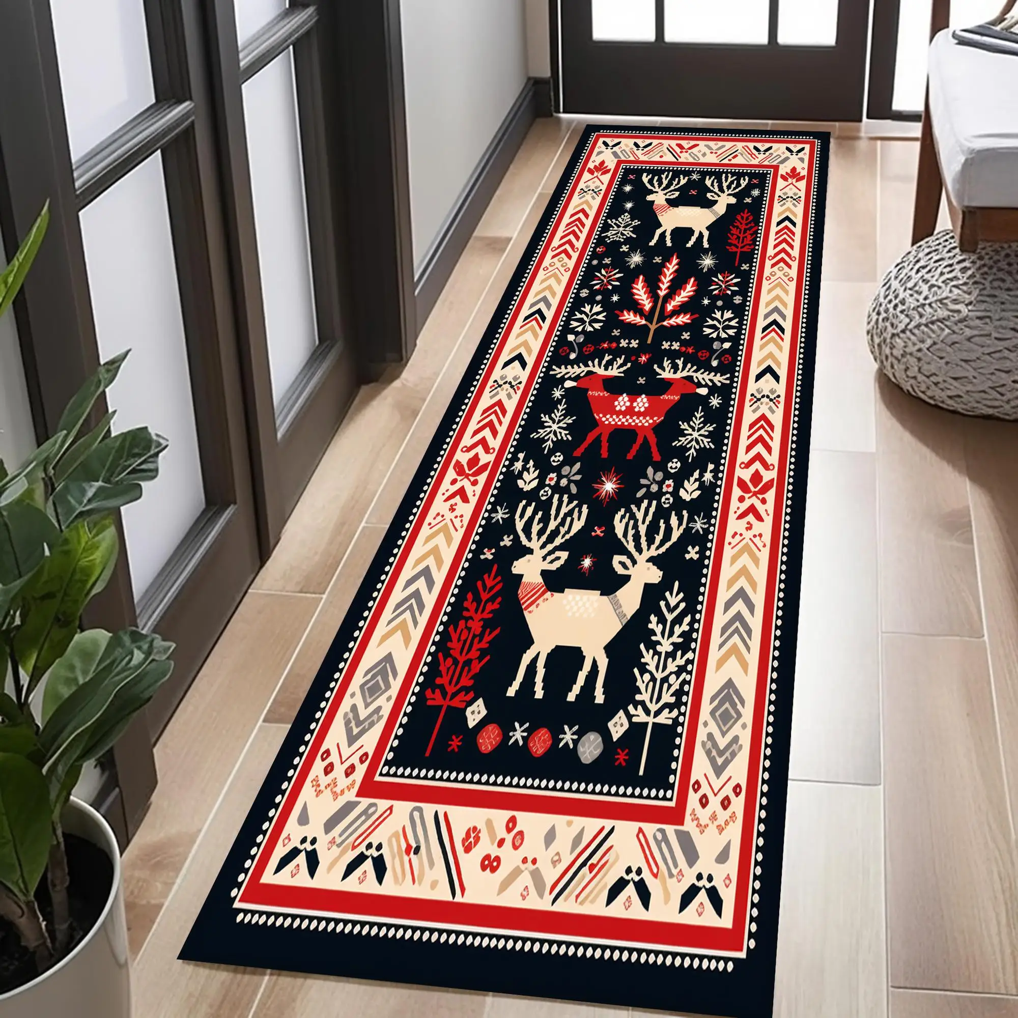 Vintage Christmas Poinsettia Tree Border graphics Runner Rug,Corridor,Sofa Side,Entryway,Non Slip Runner Rug,Christmas Decor