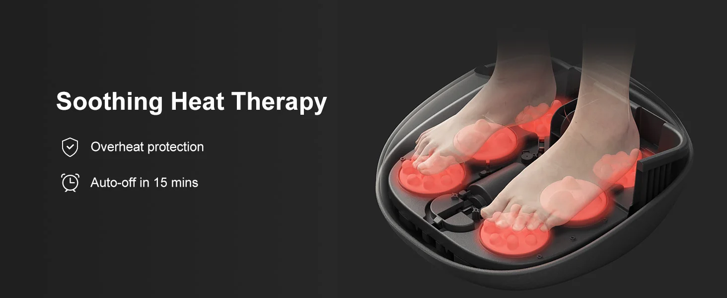 Make Time for Foot Relaxation An electric shiatsu foot massager featuring rolling and kneading massage, optional heat, adjustable air compression, and a convenient 15-minute timer.