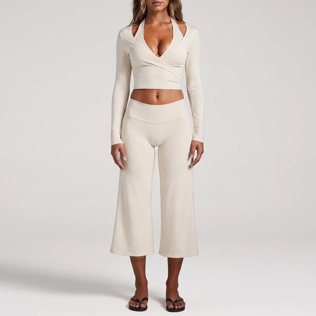2 Piece Set Long Sleeve Wrap Tie Crop Top High Waist Wide Leg Capri Pants Ballet Core Yoga Set Gym Fitness Workout Activewear