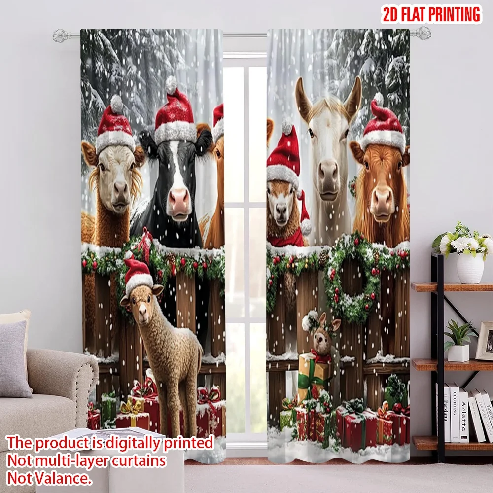 

2pcs 2D flat printing Christmas Window Curtains Santa hat yak and friends Durable 100% Polyester Fabric Without Electricity