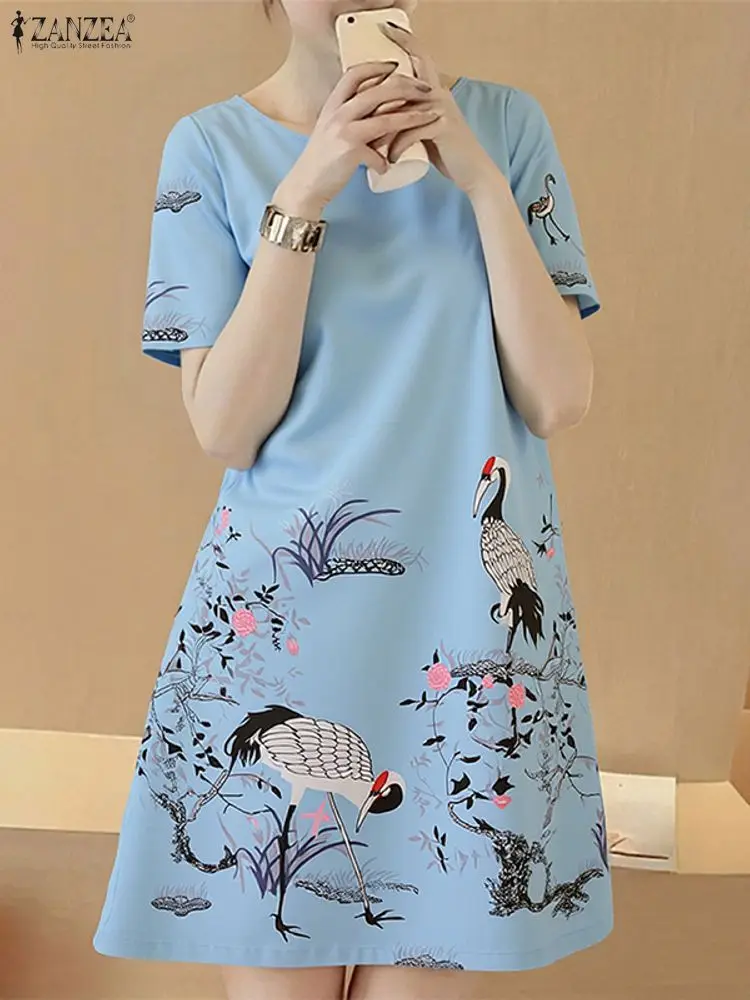 ZANZEA Elegante Mini Abito Stampato Floreale 2025 Manica Corta Vintage Ufficio Lavoro Vestito Estivo Moda Abito Allentato Femme Abiti