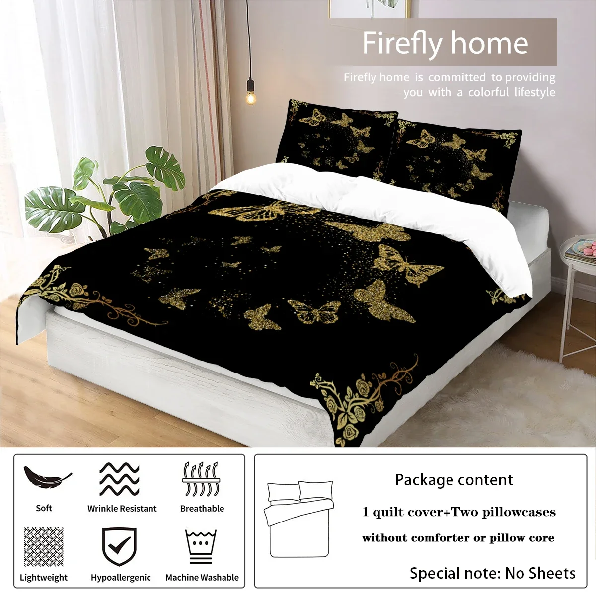 3-piece set of golden butterfly printed down duvet covers (1 down duvet cover+2 pillowcases, no core) soft bedding set