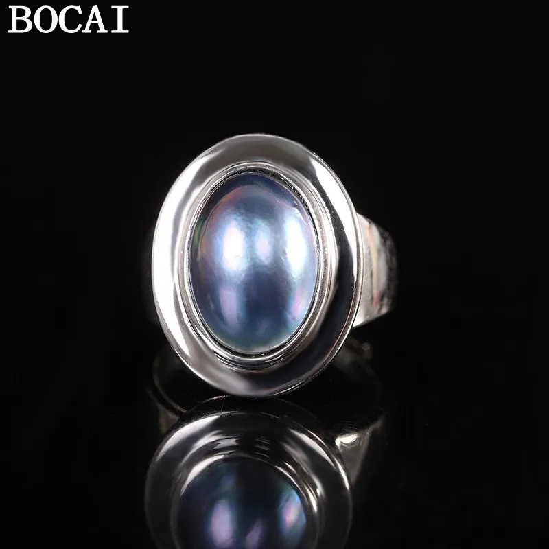 BOCAI S925  Silver Charms Rings for Women Men Retro Simple Geometric Pattern Inlaid Mabe Pearl New Fashion Jewelry Wholesale