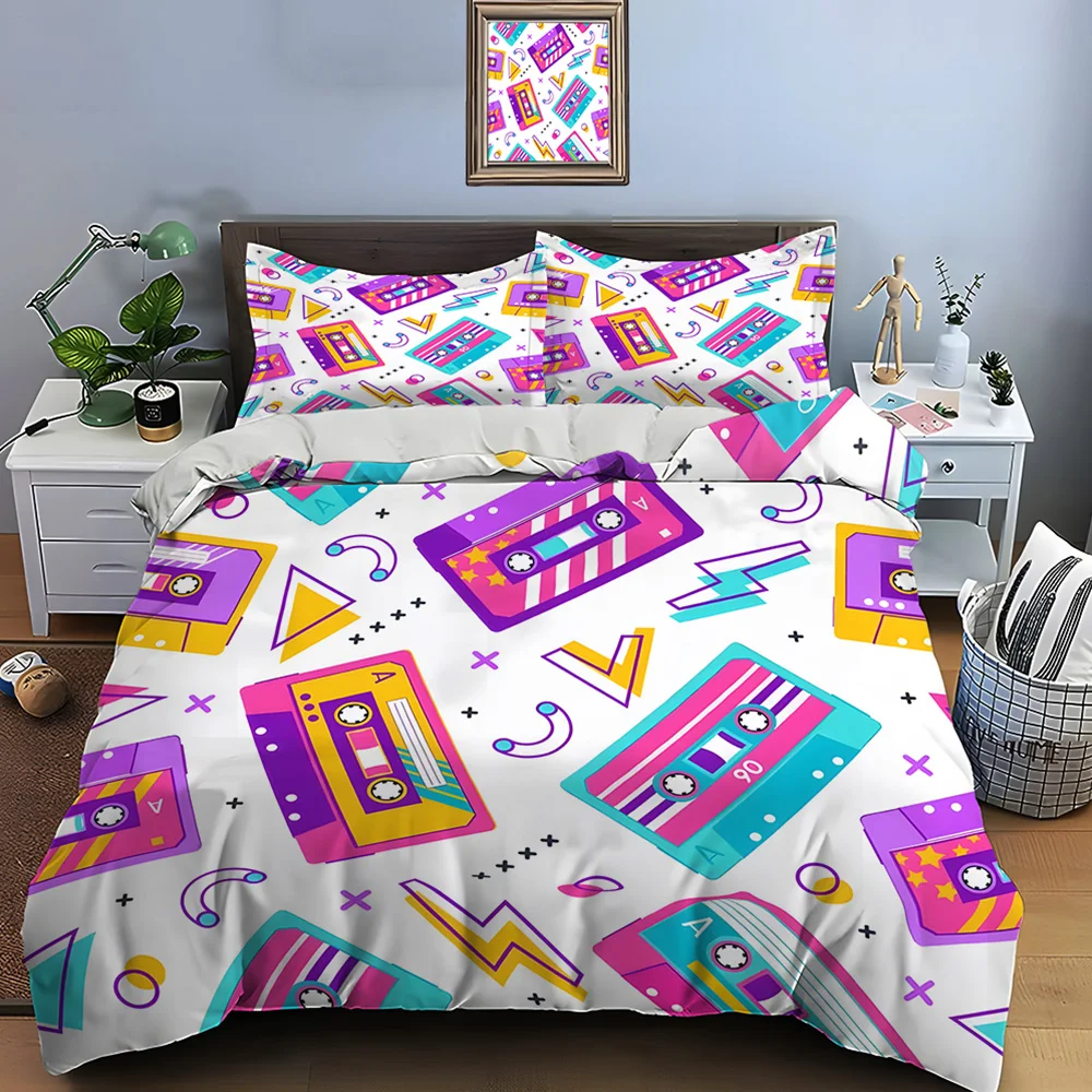 Colorful cassettes with geometric doodles Pattern Duvet Cover Set Digital Print Colorful Polyester Bedding with Zipper Closur