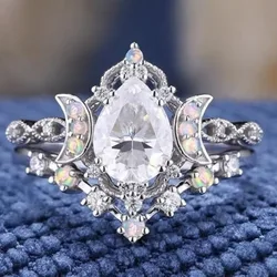 European and American new fashionable moonstone embellishment versatile waterdrop zircon star moon double-layer women's ring