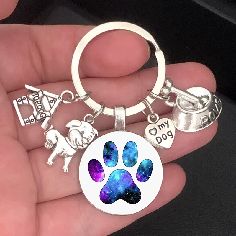 Nuevo/lindo llavero para perro, llavero de cabujón de cristal con pata de perro, llaveros con dijes para casa de perro, llaveros con colgante I Love my dog, regalos