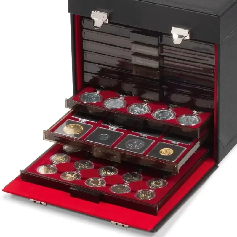Black Leather Coin Storage Box with Lock and Handle Red Velvet Lined 10 Slot Tray Organizer for Collectors Secure Display
