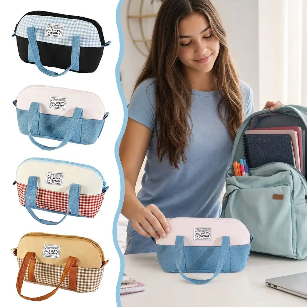 Durable Denim Splicing Pencil Case Large Capacity Portable Pen Bag Color-blocking Stationery Organizer Students