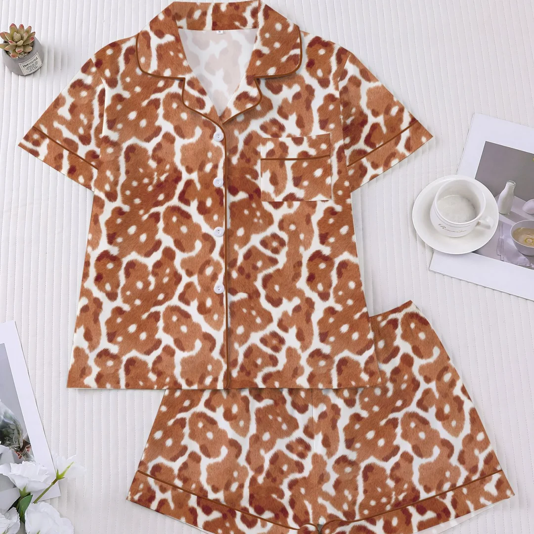 

Animal Themed Pajama with Brown Giraffe Print Lapel Short Sleeve Shorts Loungewear Home Wear Set Clothes Gifts for Women