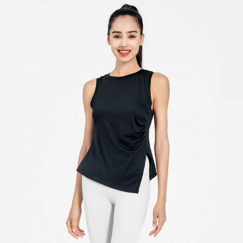 

Summer Sleeveless Shirts Women Sport Vest Pleated Hem Yoga Shirts Quick Dry Running Tank Top O-Neck Gym Workout Top Blouse Femme