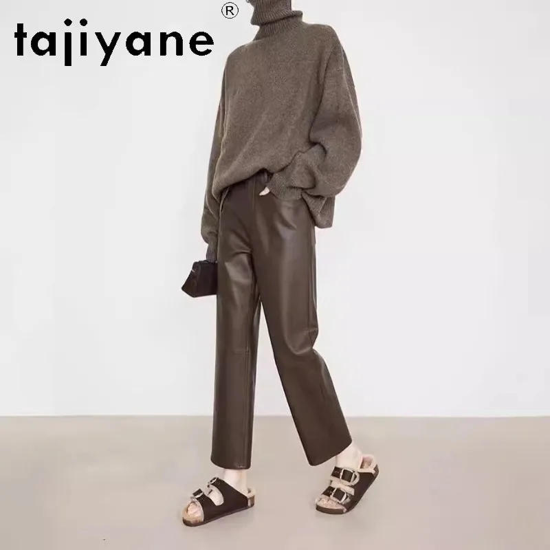 TAJIYANE Real Leather Pants Woman Sheepskin Long Pants of Women French Straight Leg Trousers Slim Fit Pantalon High Waist 바지