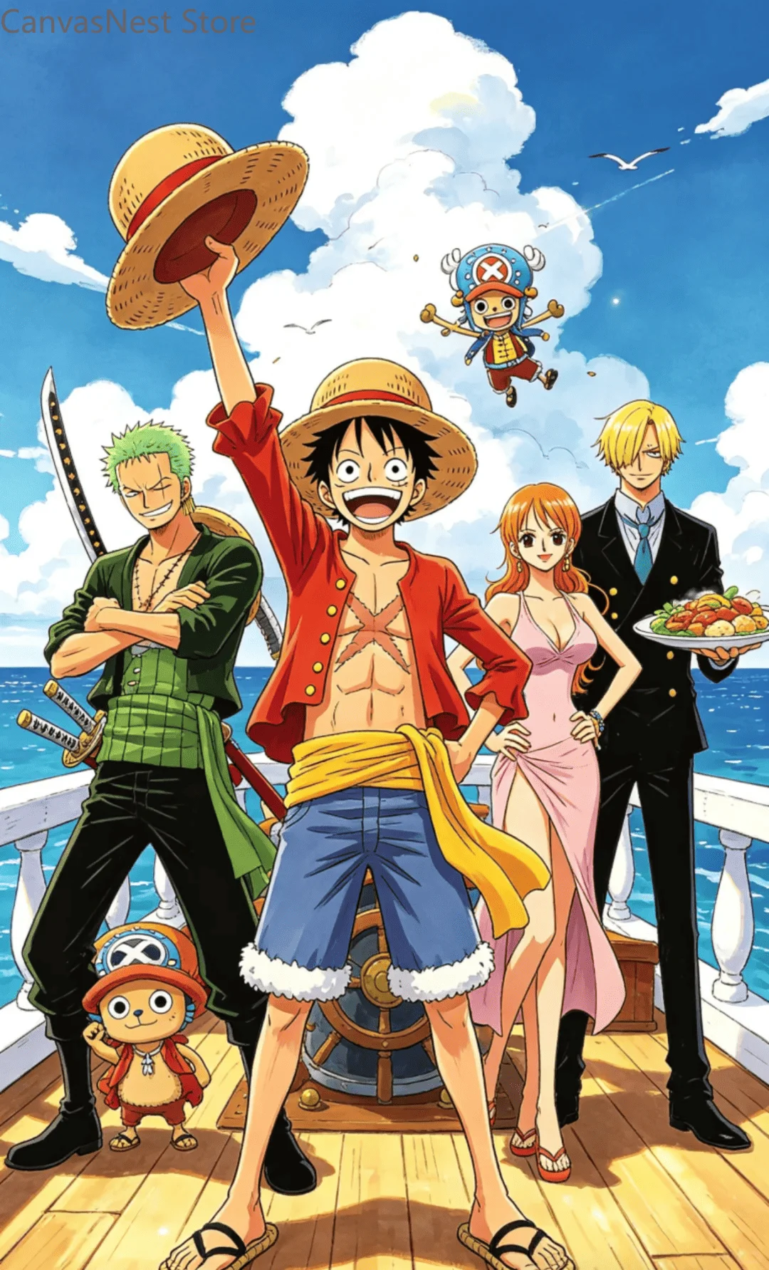 One Piece Straw Hat Crew Frameless Canvas Poster, Anime Pirate Ship Group Characters Wall Art for Bedroom Home Decor