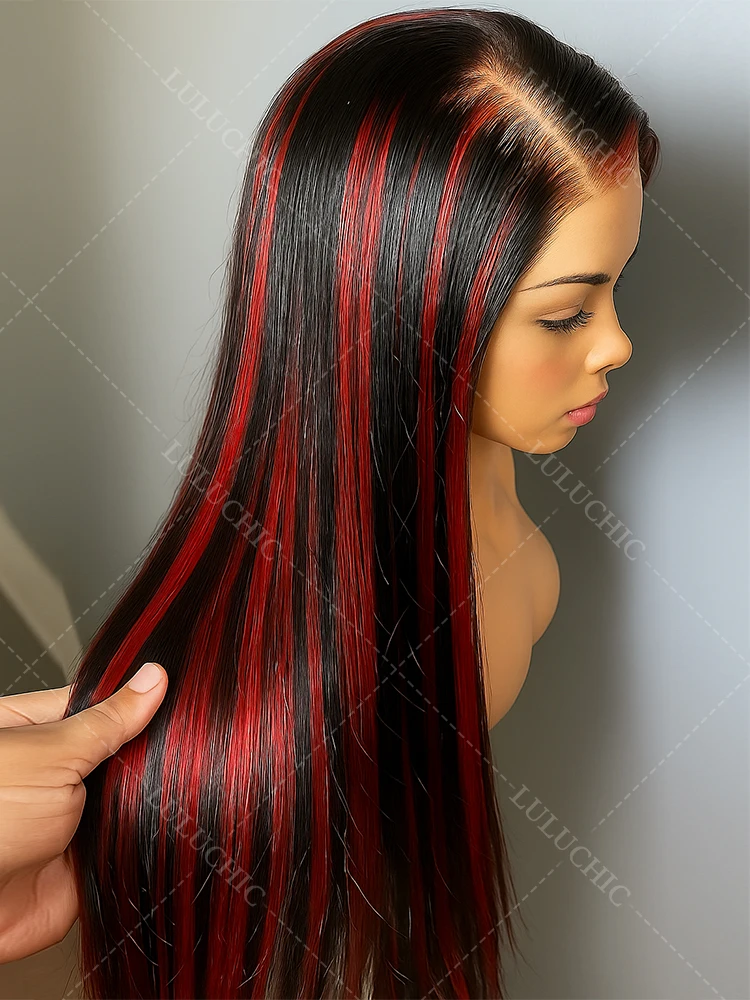 200 Density Black With Red Bone Straight 5x5 Highlight Wigs Human Hair Brazilian Burgundy Red Colored Glueless Wigs Human Hair