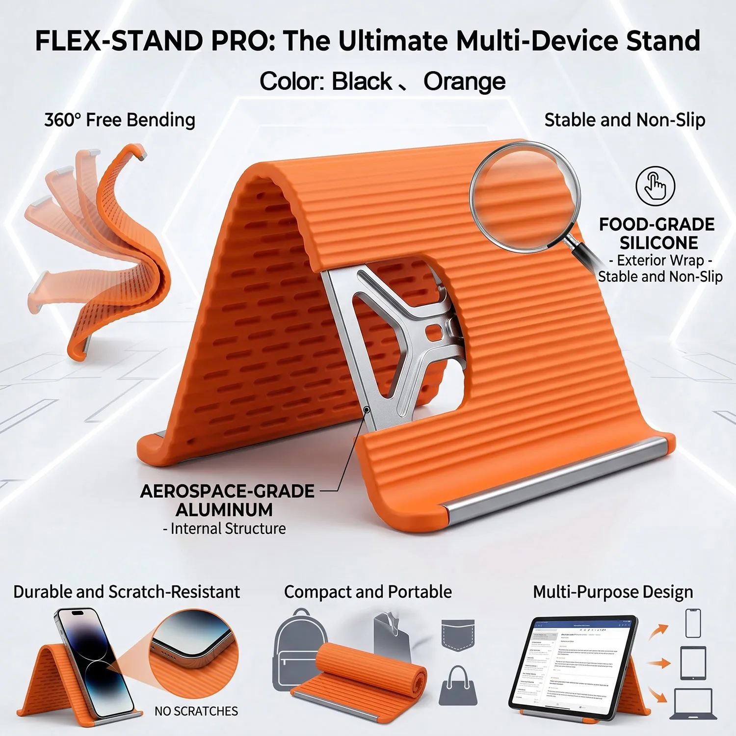

Portable Foldable Silicone Phone Holder, Flexible Silicone Phone Stand, Multi-Angle Adjustable Silicones Cell Phone Holder