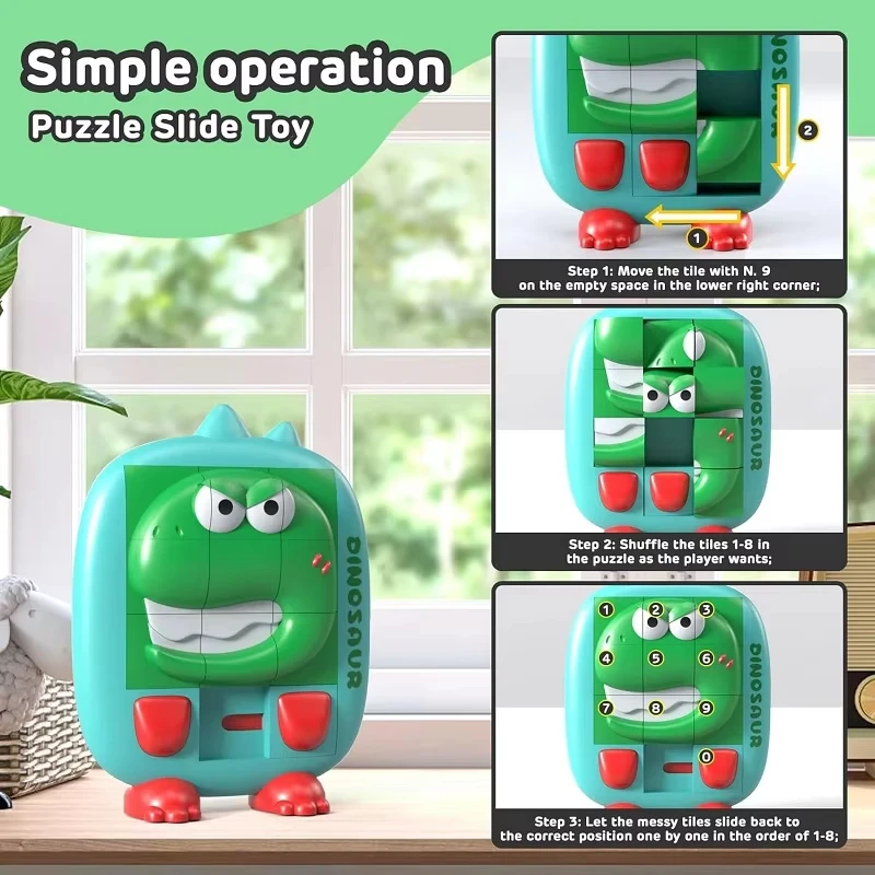 Cartoon Dinosaur Slide Puzzle Game Toys Huarong Road Puzzle Board Educational Smart Logic Board Game for Children Travel Toy