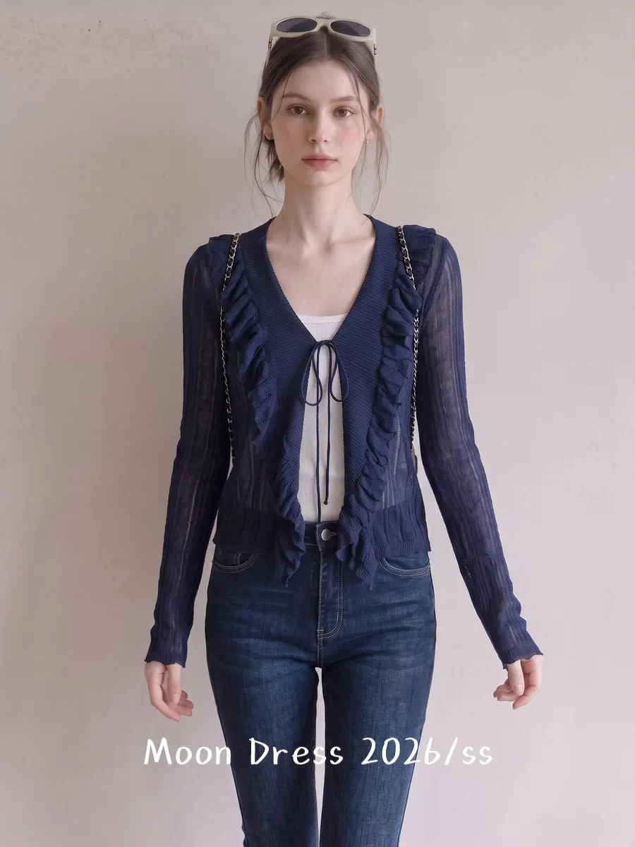 Lightweight Knitted Open Cardigan Women's V-neck Short Hollow out Long Sleeve Soft Style Korean Fashion Wooden  Bordered