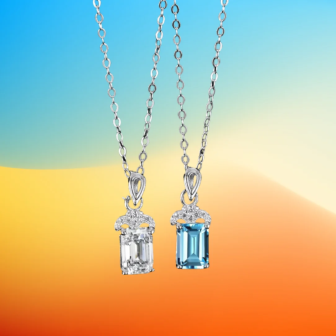 

New Natural Blue Topaz Mozzarella Diamond Necklace Pendant Women's Sterling Silver One Carat Geometric Rectangular Zuma Green Cu