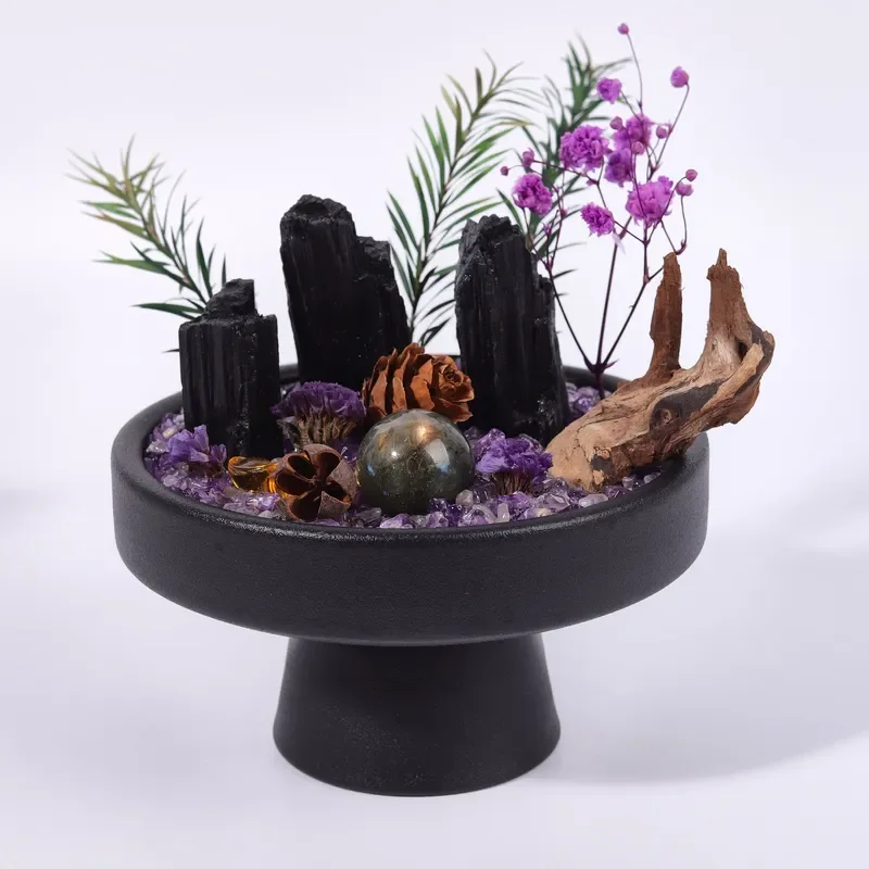 Black tourmaline crystal bonsai micro-landscape with elongated stone ball home office desktop creative ornament