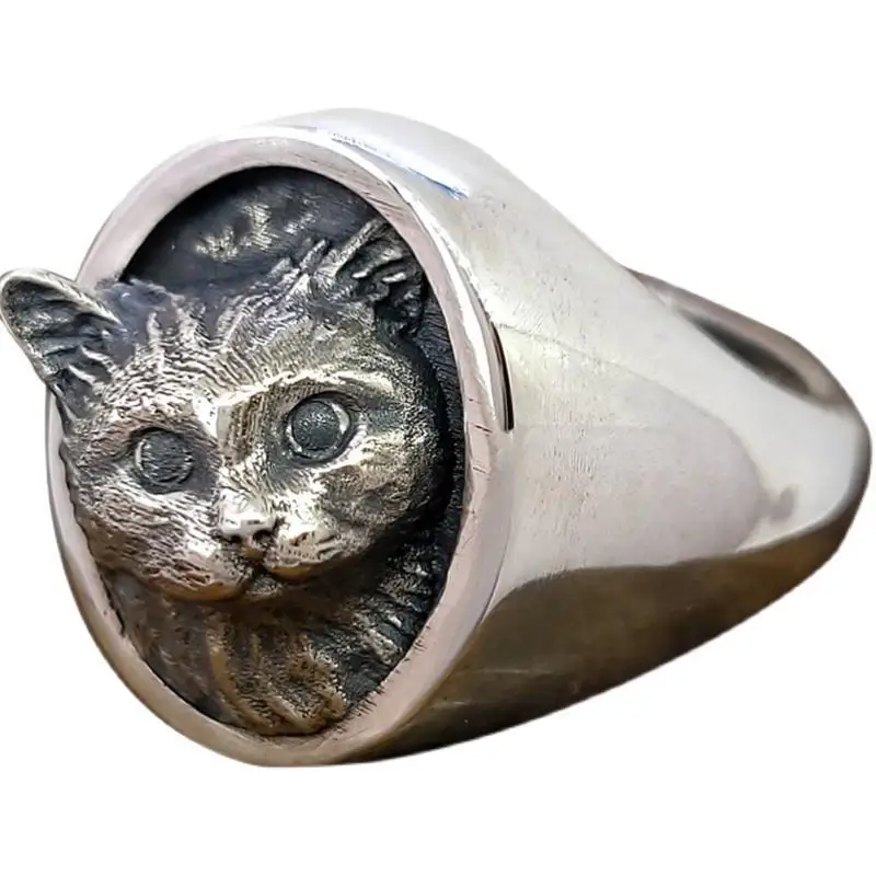 Retro Floating Head Carved Cat Head Ring for Men and Women Niche Cute Personality High-end and Indifferent Style Opening Ring