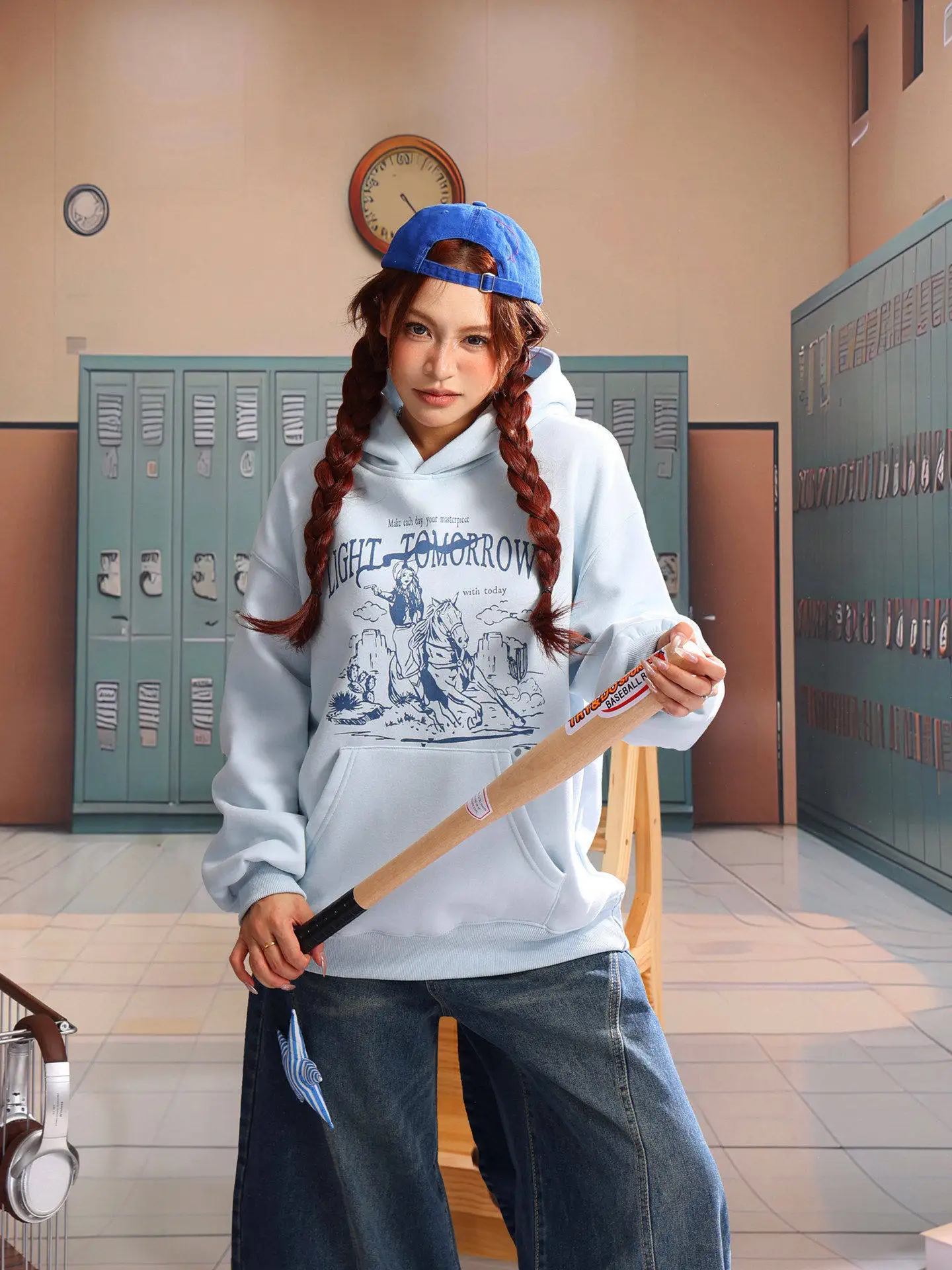 

Светло-голубая женская толстовка с принтом в стиле вестерн, новинка ранней весны, свободный крой, хлопок/полиэстер, удлиненная модель