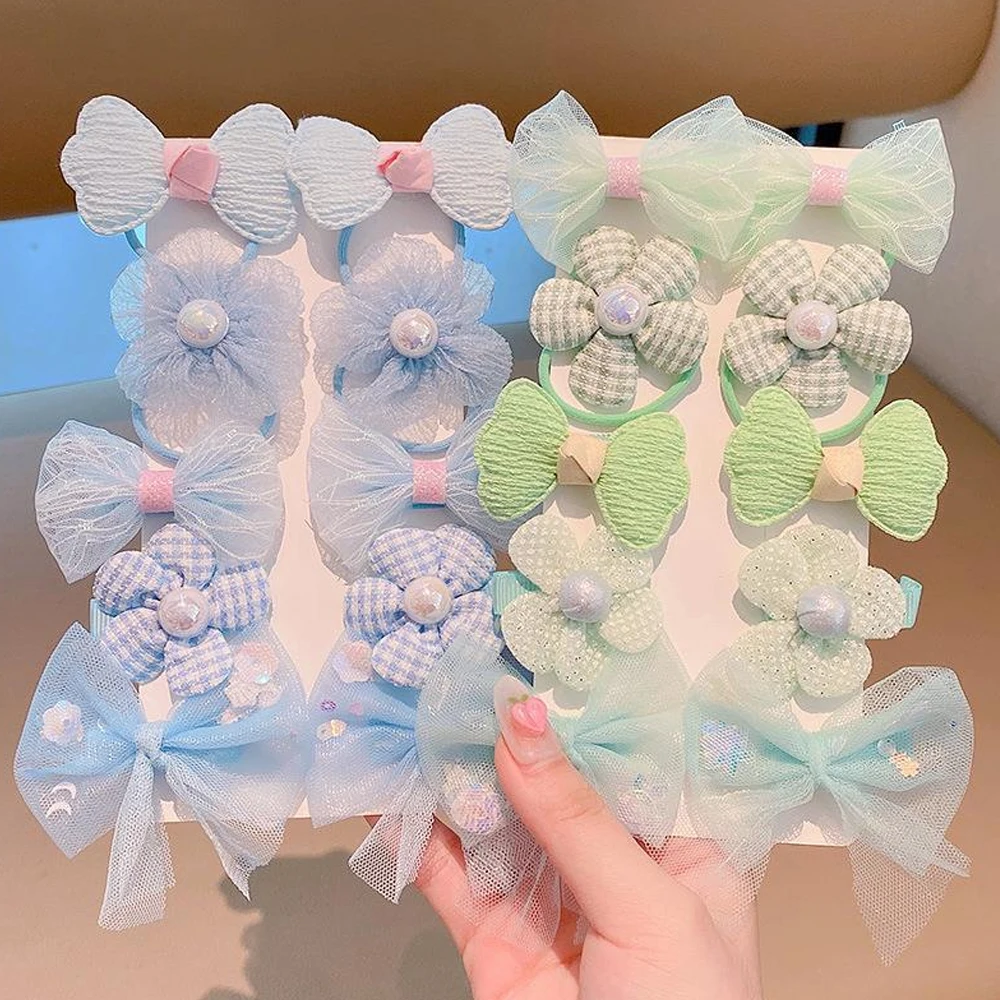 10pcs Bowknot Flower Hair Loops Hair Clips Set Sweet Elastic Scrunchies Children Side Bangs Duckbill Barrette Princess Headress