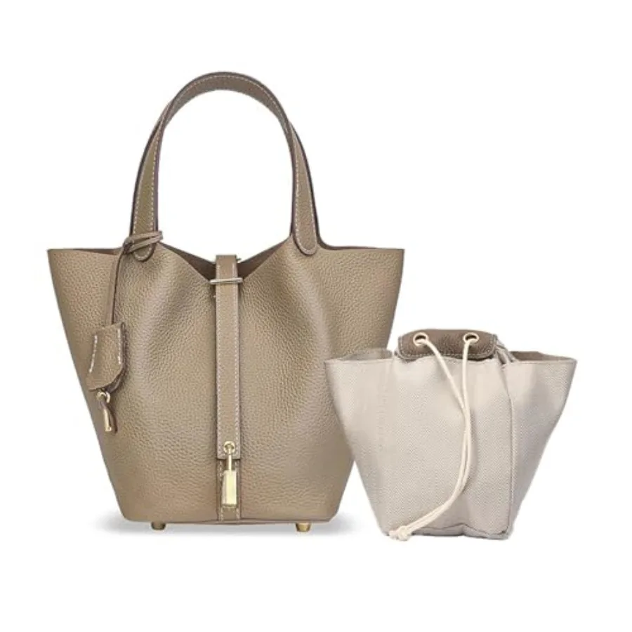 

Genuine Leather Lock Design Bucket Bag for Women Vegetable Basket Fashionable Versatile Handbag in Grey Perfect for Daily Commu