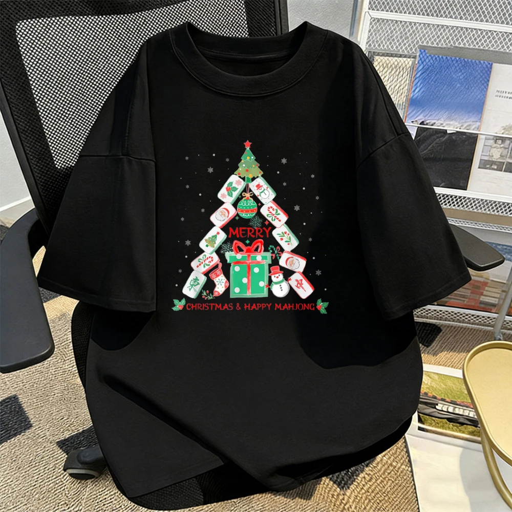 Mahjong Christmas Tree Mahjong Tiles Chinese Mah Jong Xmas T-Shirt Casual Holiday Unisex Fashion Top Mahjong Game Gathering Tees