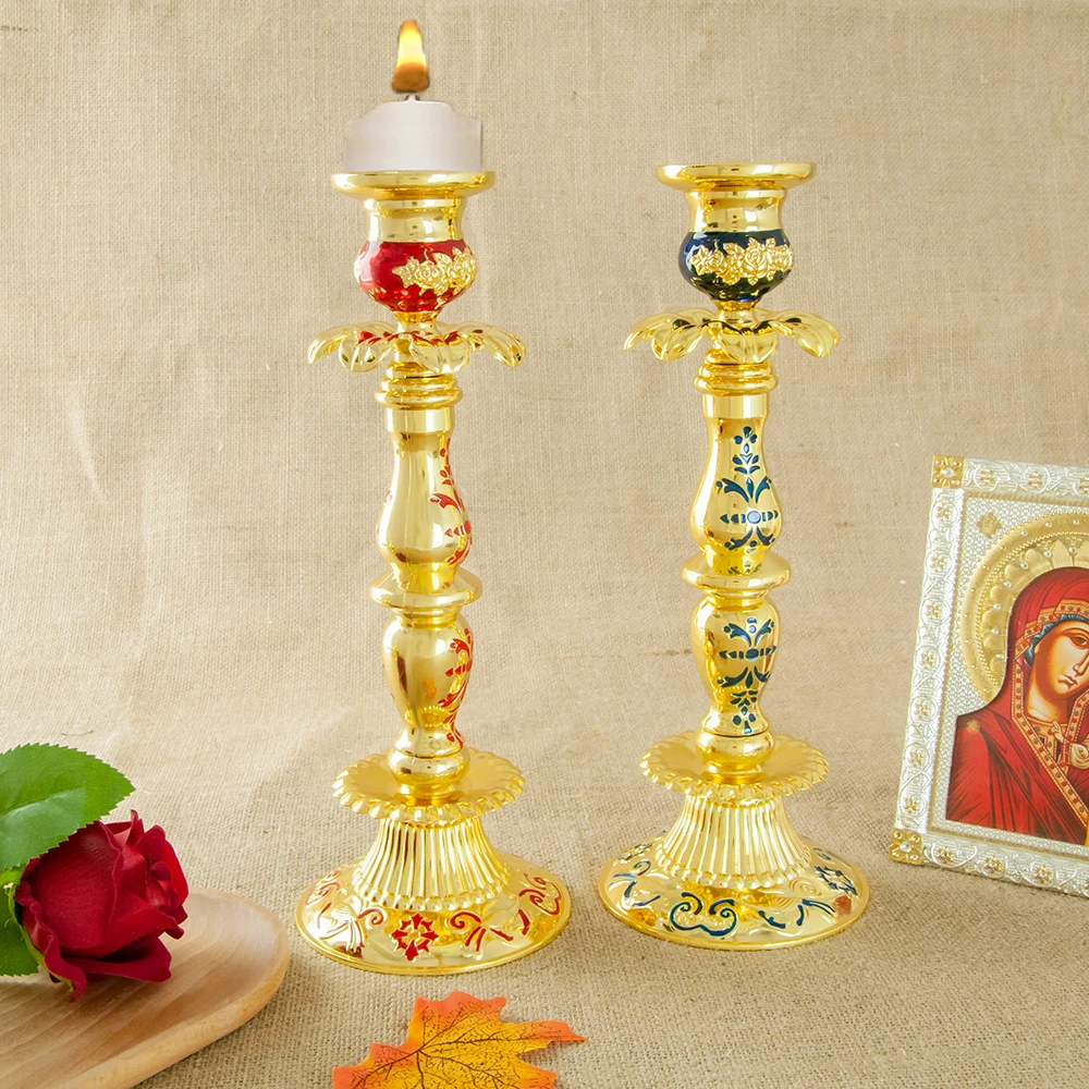 

HT Orthodox Vigil Lamp Gold Plated Candle Holder Jesus Prayer Church Home Table Candlestick With Oil Glass Cup Religion Ritual