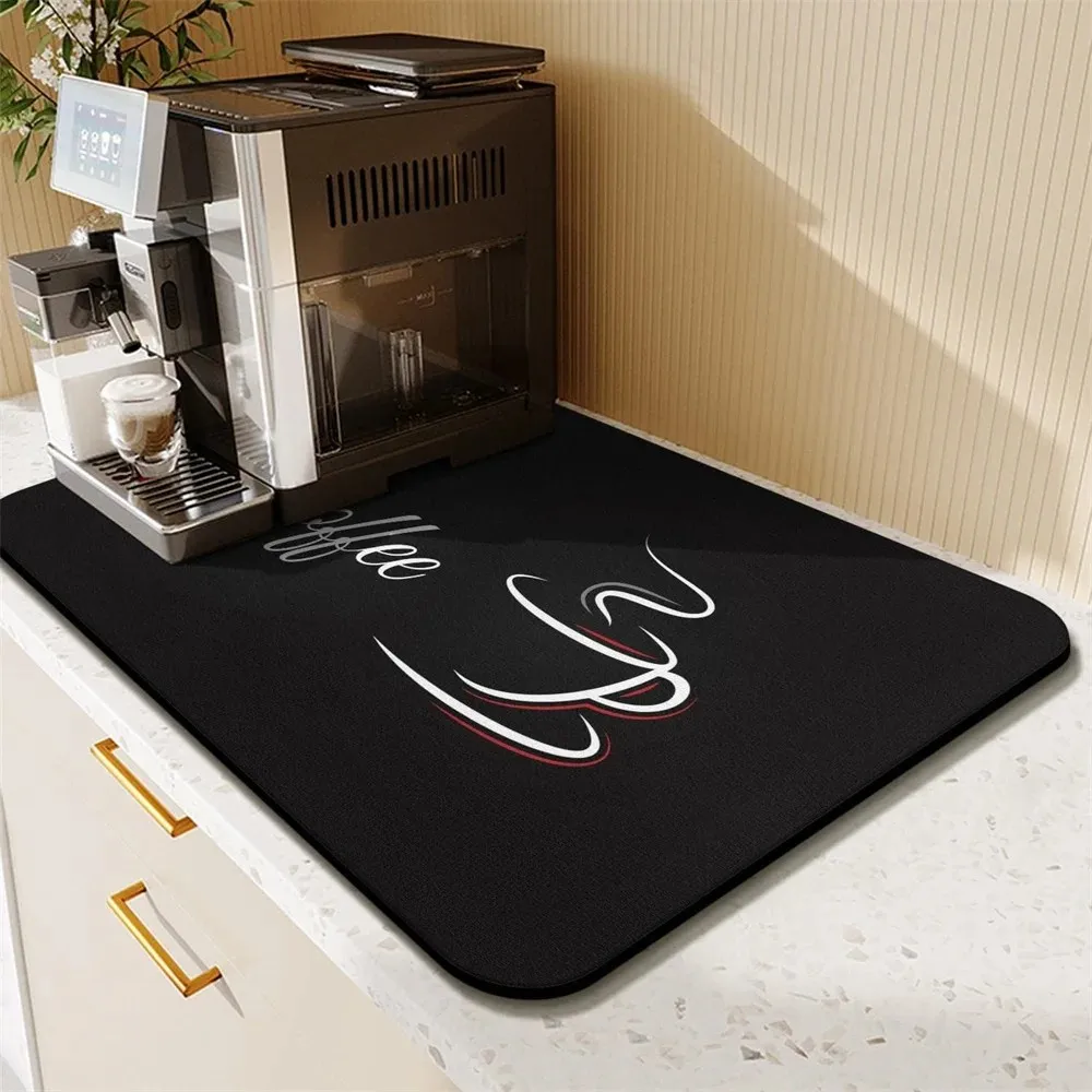 VIKAMA Minimalist Black Coffee Line Drying Mat, Luxury Simple Water Absorbent Non‑Slip Coffee Bar Mat