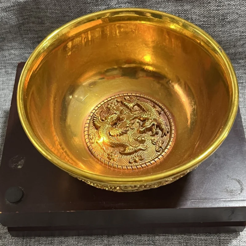 Qing Dynasty Qianlong Era Gilt Relief Double Dragon Playing with Pearls Bowl Copper Bowl Antique Collectible Home Decor