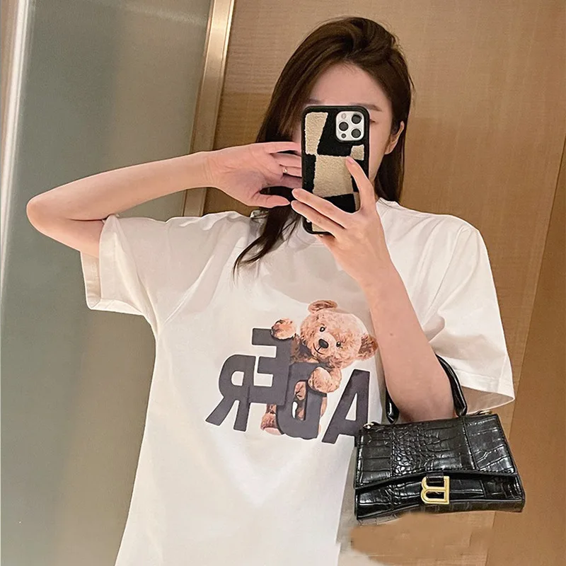 2024 New Summer Women\'s Cartoon Bear Print Loose Oversized Casual Round Neck Short Sleeved T-shirt Top