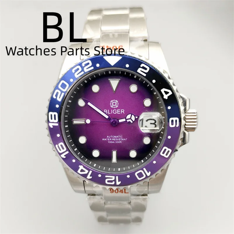 BLIGER 40mm NH35 Watch For Men Luminous Chapter Ring Black Purple Dial With Black Purple Bezel Sapphire Glass Date Waterproof