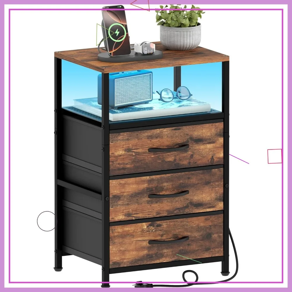 

LED Nightstand with Charging Station, 3 Fabric Drawers & Music Sync Lights, Rustic Brown Side Table