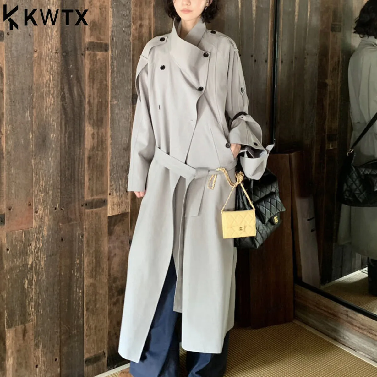 

KWTX Vintage Elegant Trench Coat Women - Long Lapel Belted Jacket, Slim Fit, Casual Office Wear, Stylish & Comfortable Outerwear