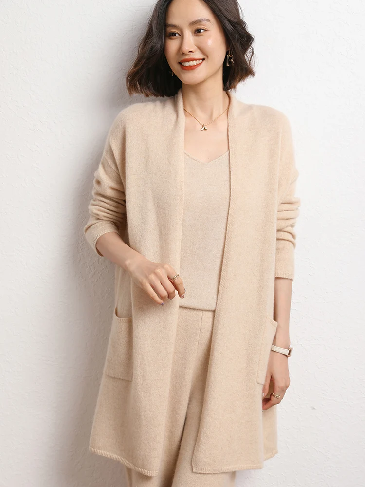 Office Lady 100% Cashmere Cardigan Sweater Autumn Winter Women clothes Soild Pocket Versatile Knit Jackets Outwear Light Luxury