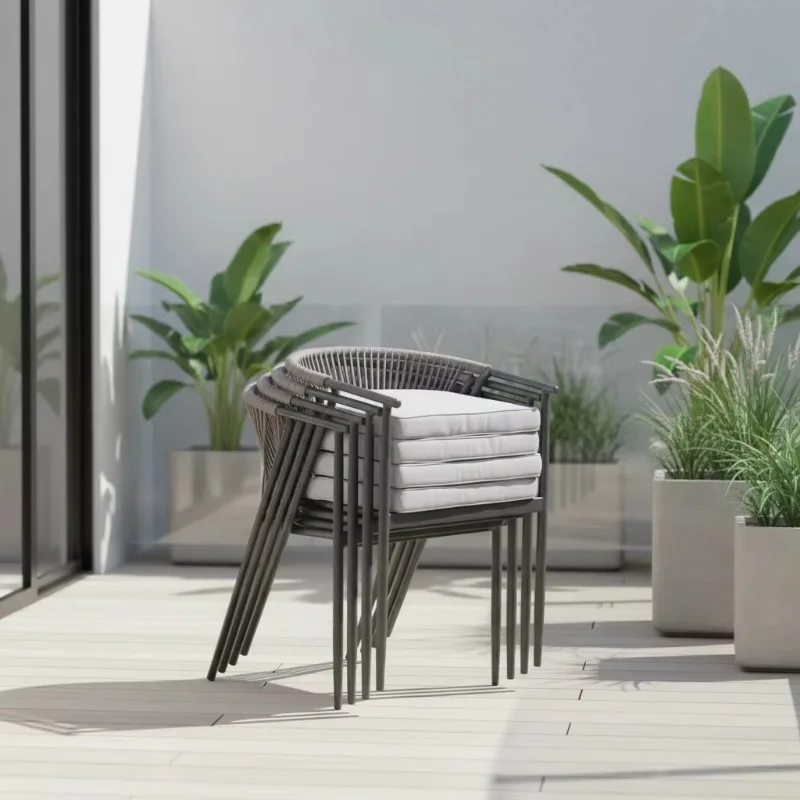 2023 Hotsell Woven Rope Outdoor Stackable Wholesale Iron Frame Metal Patio Cafe Garden Dining Chair with Waterproof Cushion