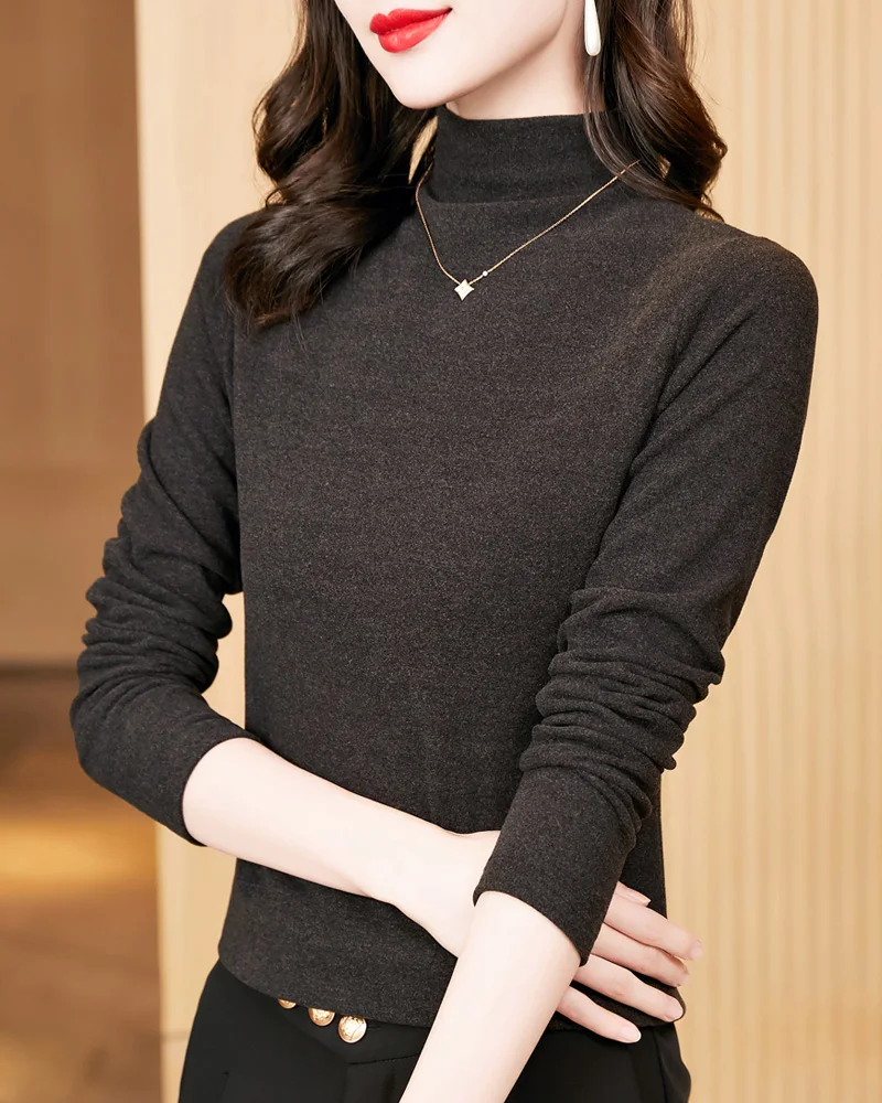 2024 New Arrival Charming Smooth Solid Fleece Velvet Trend Women's T-Shirt Long Sleeves Half Turtleneck Fall Winter