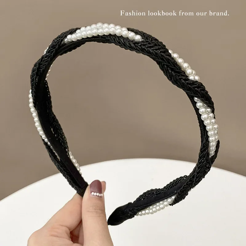French Pearl Braided Bezel Hair Band Elegant Women\'s Pure Color Pleated Headband Fashionable Girl\'s Hair Hoop Hair Accessories