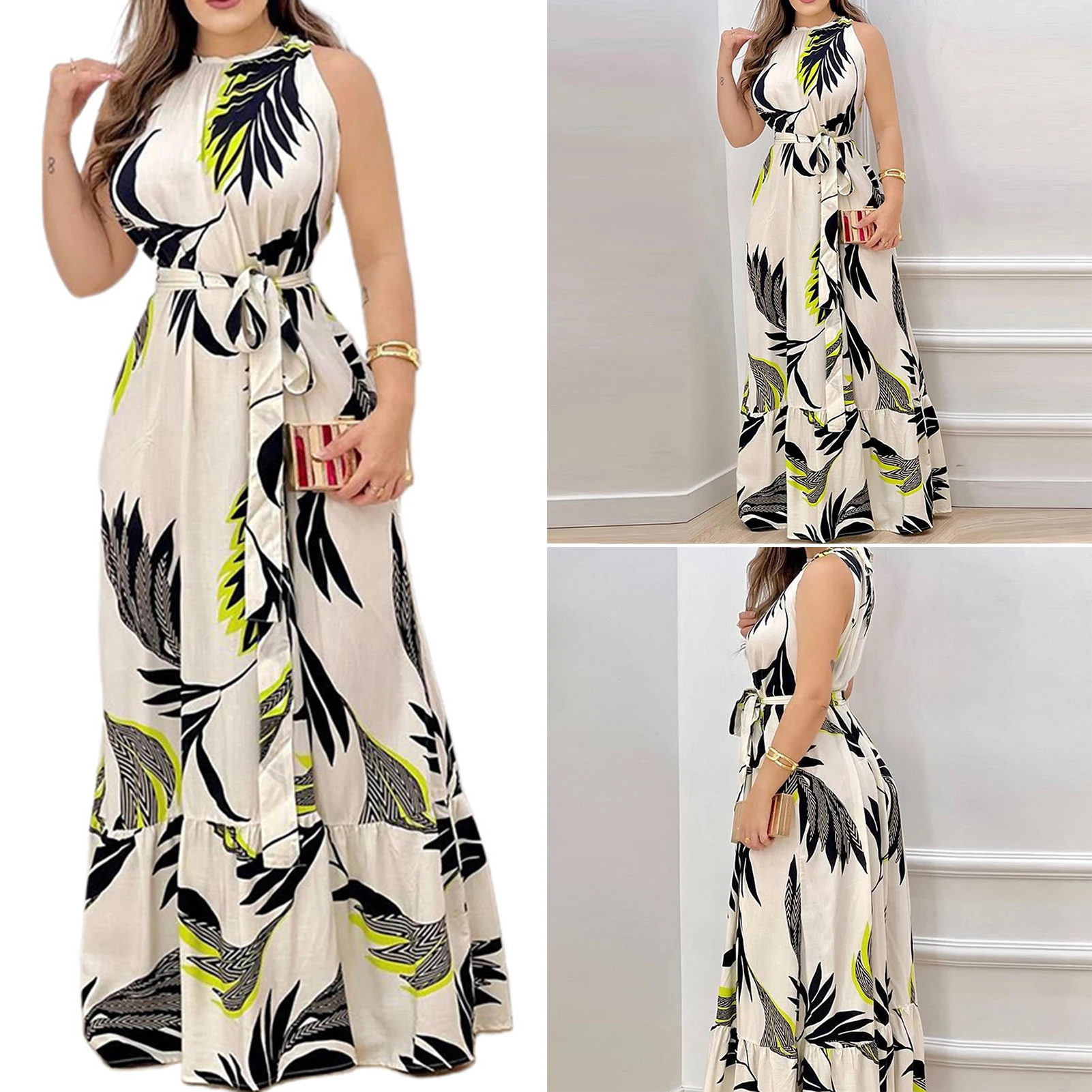 Women's Casual Loose Dress Leaf Print Sleeveless Slim Waist Dresses for Daily Shopping Out NIN668