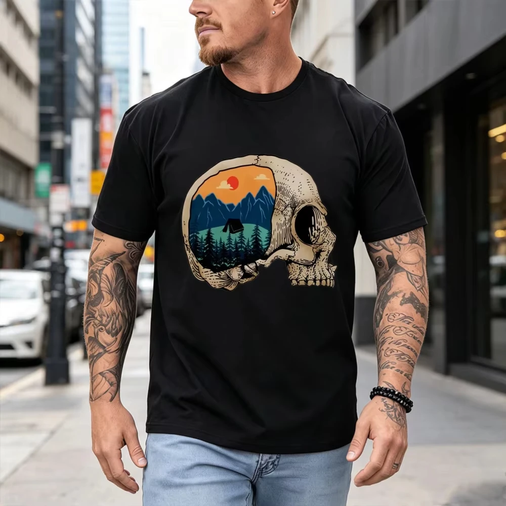 Retro Camping Skull Scenery Graphic T-Shirt Outdoor Mountain Nature Lover Unisex Cotton Shirt Fashion Short-sleeve Casual Tees
