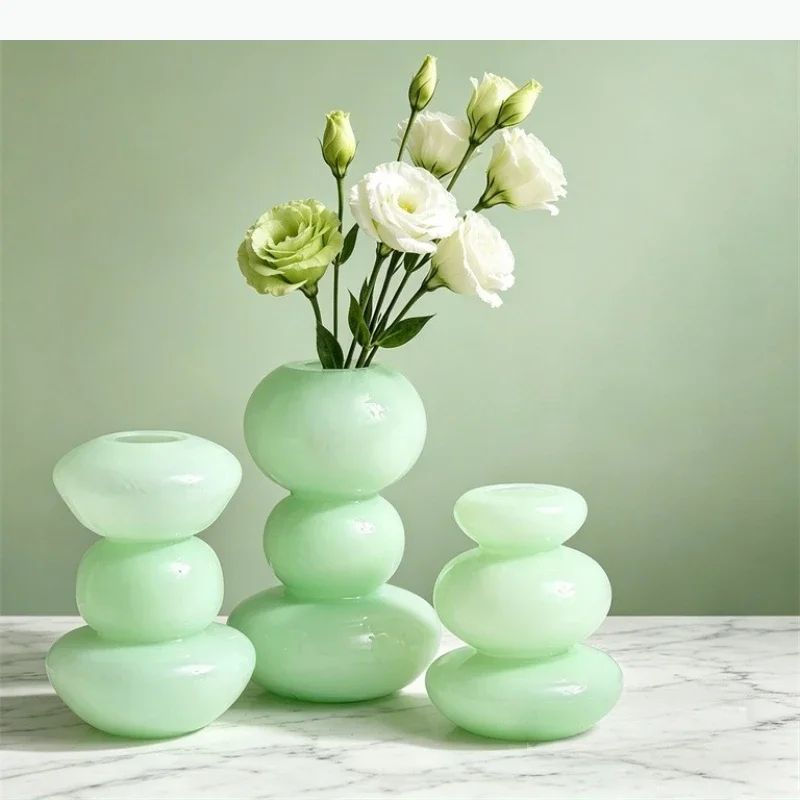 Green Pebble Vase Glass Vase Stacked Stones Hydroponics Terrarium Geometric Ellipse Pot Home Decoration Accessories