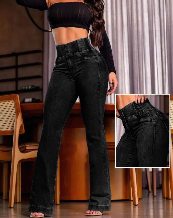 Hot selling fashionable slim fit casual trend jeans with buckle, front chest, high waist women's jeans, 2025 new style